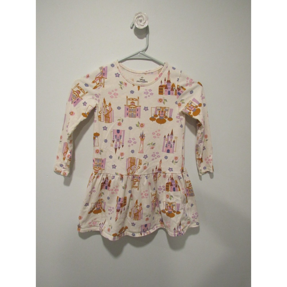Disney Princess Girls 5T Cream Castle Floral Long Sleeve Drop Waist Dress